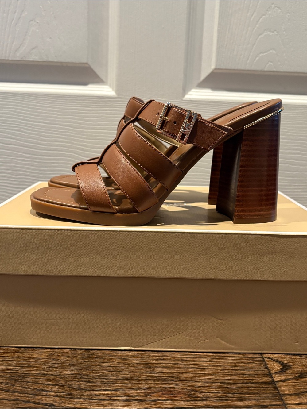 Michael Kors Brown Strappy Slide Sandals with Side Buckle - Picture 2 of 8